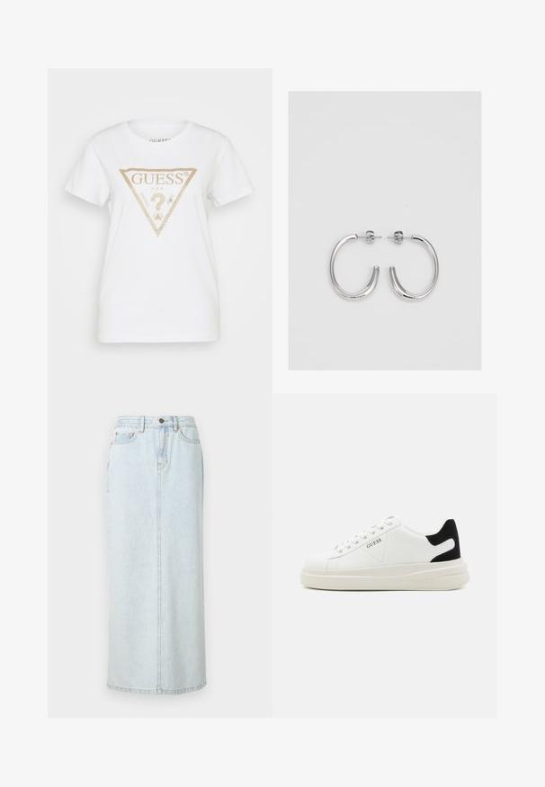 Guess TRIANGLE - T-Shirt print - pure white; Hellblauer Denim-Maxi-Rock mit geradem Design, vorderer Knopfverschluss und sichtbaren Nähten. Verfügt über zwei Fronttaschen.; Weiße Leder-Sneaker mit einer dicken weißen Sohle, schwarzem Wildlederakzent an der Ferse und geprägtem Logo an der Seite. Schnürdesign mit sechs Ösen.; Silberne Creolen mit einer glatten, glänzenden Oberfläche. Abgerundete Form, leichtes Design, mit einer Steckverschluss.