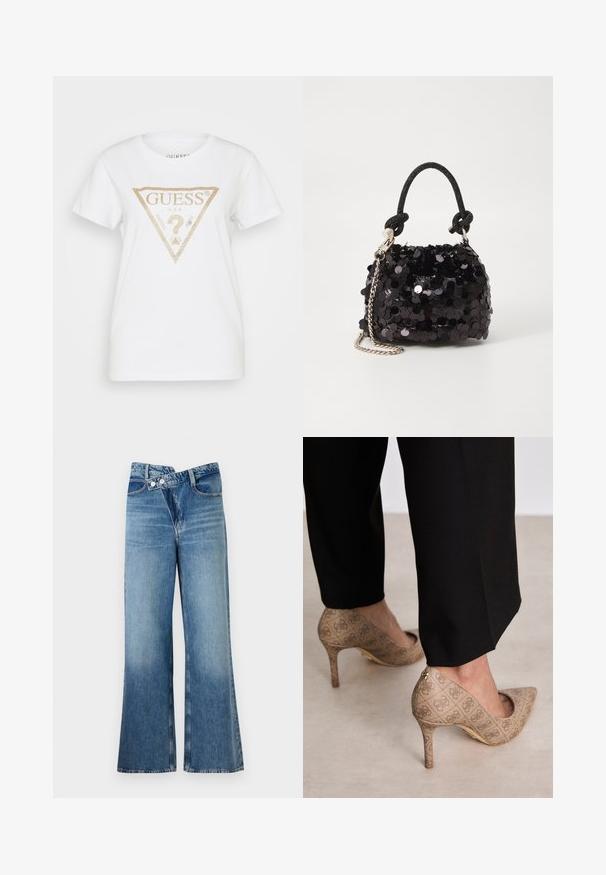 Guess TRIANGLE - Tricou cu imprimeu - pure white; Jeans din denim albastru deschis, cu fason evazat și talie înaltă, având două butoane și buzunare frontale. Materialul are o textură decolorată cu variații subtile.; Pantofi cu toc înalt bej, dintr-un material texturat ce prezintă un model repetitiv. Design cu vârful ascuțit, cu un accent la spate și detaliu auriu pe toc.; Geantă mini neagră cu paiete, cu un umar texturat înnodat și un lanț argintiu. Formă rotundă cu partea de sus adunată și detalii reflectorizante.