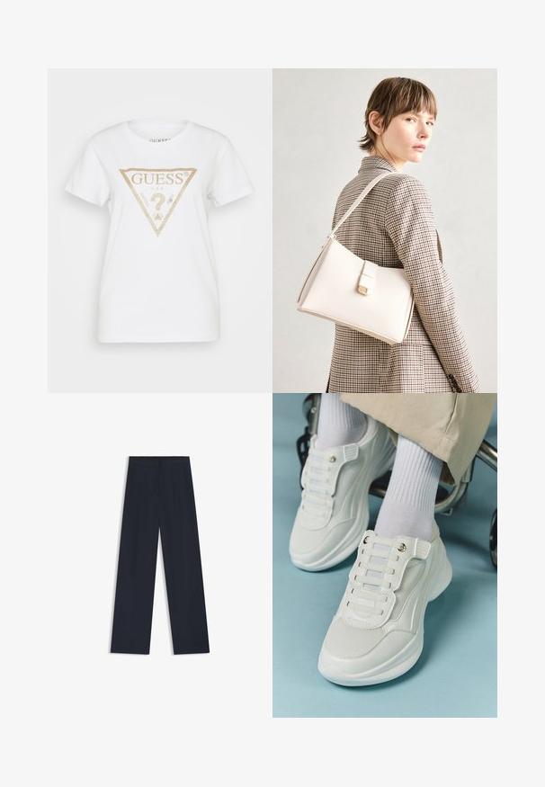 Guess TRIANGLE - T-shirt print - pure white; Navy brede pijpen met een elastische tailleband, twee zijzakken en een gladde, geweven textuur. Geen zichtbare patronen of hardware details.; Witte sneakers met een mesh materiaal, rubberen zool, vetersloze uitvoering met elastische banden en gouden accenten.; Witte leren handtas met een gestructureerd ontwerp, voorzien van een magneetsluiting en een schouderriem, tentoongesteld tegen een neutrale achtergrond.