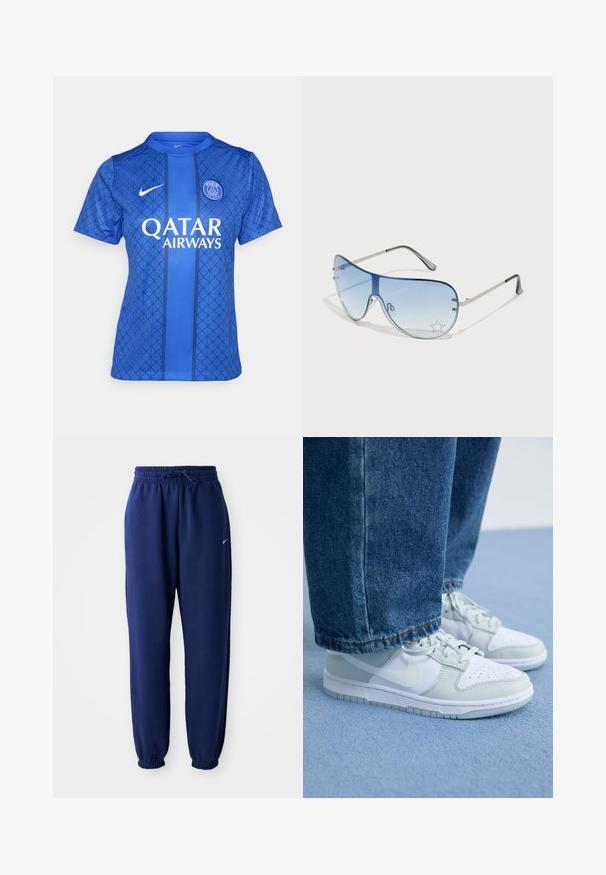 Modrá futbalová dres s geometrickým vzorom, okrúhlym výstrihom, krátkymi rukávmi a značkou Nike a Qatar Airways.; Námornícke modré tepláky vyrobené z jemného materiálu s elastickým pásom na šnúrku, elastickými manžetami a malým bielym logom.; Nike tenisky v bielej a svetlošedej koži s perforovanou špičkou, plochými šnúrkami a gumovou podrážkou, spárované s modrými džínami.; Pilotné slnečné okuliare s prechodovým modrým sklom, strieborným kovovým rámom a ozdobnými hviezdičkovými akcentmi na sklách. Hladký a elegantný dizajn.