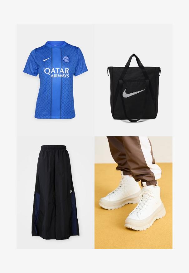 Blå fodboldtrøje med geometrisk mønster, rund halsudskæring, korte ærmer og branding fra Nike og Qatar Airways.; Sorte vide benbukser lavet af letvægtsstof, med et marineblåt sidepanel og en elastisk talje. Lille hvidt logo nederst.; Hvide højtop sneakers med en kraftig, tekstureret sål, der har en glat overdel, rund tå og tonede snørebånd, placeret mod en gul baggrund.; Sort nylon tote taske med to solide håndtag og lynlås lukning. Har et fremtrædende hvidt Nike swoosh-logo i et horisontalt stribet design.