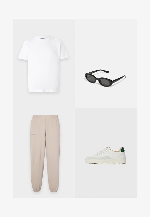 Vit bomull t-shirt med rund hals och korta ärmar. Har en liten, präglad logotyp på vänster bröst. Slät textur.; Beige sweatpants tillverkade av mjukt tyg, med elastisk midja och muddar, samt en liten tryckt textdetalj på vänster ben.; Vit sneaker med mockadetaljer, rund tå, platta snören och en krämfärgad gummisula. Har grön branding på hälen.; Svarta solglasögon med ovala linser, glansigt plastbåge och smala armar. Har Ray-Ban-logotypen i vitt på sidan.