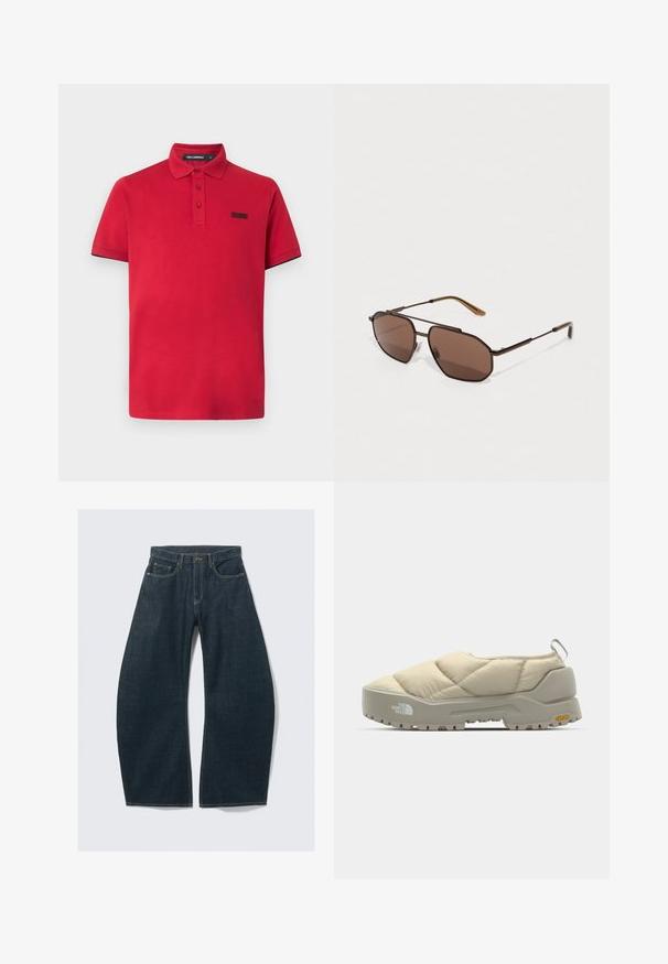 Červené polo tričko vyrobené z bavlny, s klasickým límečkem, dvěma knoflíky a malým černým logem na levém prsu. Krátké rukávy s černým lemováním.; Tmavě modré džíny s širokými nohavicemi vyrobené z denimu, s pěti kapsami, viditelným prošitím, zapínáním na knoflíky a čistým dokončením.; Prošívaná béžová slip-on obuv s šedou Vibram podešví, zaoblený tvar a zadní poutko. Obsahuje logo na boku a texturovaný svrchní povrch.; Hnědé osmiúhelníkové sluneční brýle s tenkým černým kovovým rámem, doplněné hnědými stranicemi. Tmavé tónované čočky poskytují UV ochranu.