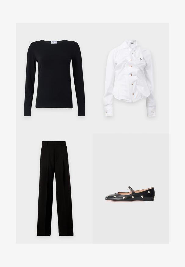 Cămașă neagră cu mânecă lungă, fabricată dintr-un material moale, cu guler rotund, croială dreaptă și cusături minime pentru un aspect curat.; Cămașă albă cu mânecă lungă, cu un design ajustat. Are un guler mare, închidere frontală cu nasturi maro și un mic logo brodat.; Pantaloni negri cu picioare largi, confecționați dintr-un material neted, cu talie înaltă, pliseuri frontale și un design curat, croit, fără embellishments.; Pantofii Mary Jane din piele neagră, cu vârful rotund, decorati cu nasturi circulari argintii și o curea ajustabilă cu cataramă.
