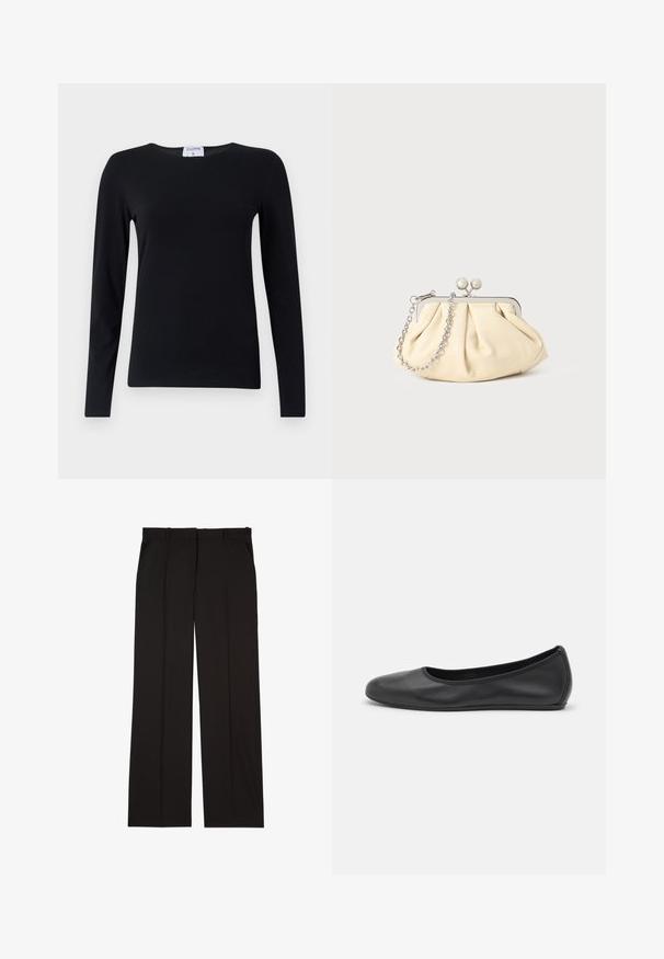 Long-sleeve black shirt made of soft fabric, featuring a crew neckline, straight cut, and minimal seams for a clean appearance.; Black tailored trousers made of a smooth fabric, featuring a straight-leg design, and two side pockets. Elegant and minimalistic construction.; Black leather ballet flat with a rounded toe, smooth texture, minimal stitching detail, and a flexible sole design.; Pleated beige leather clutch with a silver metal frame, featuring two round decorative clasps and a silver chain strap.