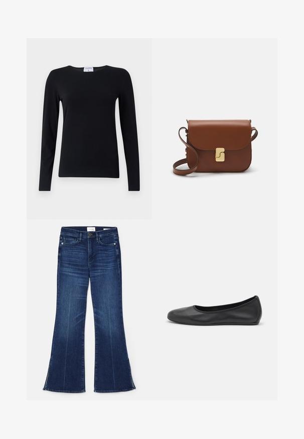 Cămașă neagră cu mânecă lungă, fabricată dintr-un material moale, cu guler rotund, croială dreaptă și cusături minime pentru un aspect curat.; Jeans evazate de culoare albastră închisă, fabricate din denim. Prezintă o talie înaltă, buzunare frontale și detalii cu fante la tiv. Design clasic cu cinci buzunare.; Balerini din piele neagră, cu vârf rotund, textură netedă, detalii de cusătură minimale și un design al tălpii flexibil.; Geantă de piele maro cu închidere tip capac, accesorii de culoare aurie, curea de umăr și o textură netedă. Formă compactă și rectangulară.