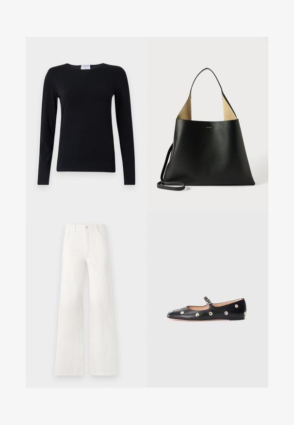 Long-sleeve black shirt made of soft fabric, featuring a crew neckline, straight cut, and minimal seams for a clean appearance.; White, high-waisted wide-leg jeans made of denim. Features a button closure, two front pockets, and side seams with stitching details.; Black leather Mary Jane flat shoe with a rounded toe, featuring silver circular studs and an adjustable strap with a buckle.; Black leather tote bag with a spacious, angular design. Features a contrast tan interior and thin shoulder strap. Minimalist branding displayed.