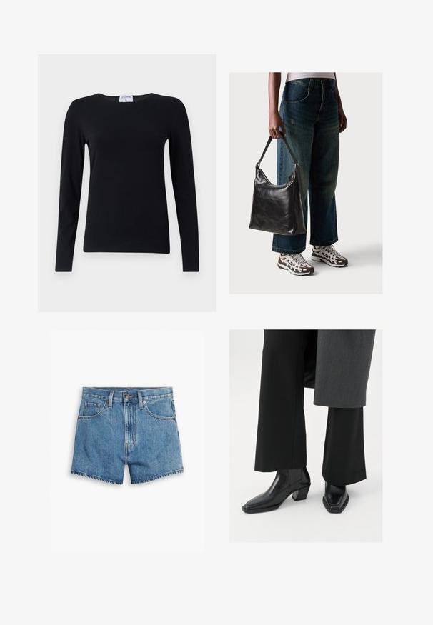 Duga crna majica s dugim rukavima izrađena od soft inog materijala, s okruglim izrezom, ravnim krojem i minimalnim šavovima za čist izgled.; Traper šorts u svijetloplavoj boji, sa pet džepova, rajsferšlusom i kopčanjem na dugme. Rubovi su pohabani, a dizajn je opušten.; Crne gležnjače sa četvrtastim prstom i suženim potplatom, izrađene od sjajne kože s vertikalnim naborima na stranama.; Crna kožna torba za rame s glatkom teksturom i podešivim remenom, u kombinaciji s izblijedjelim širokim trapericama i sportskim tenisicama.