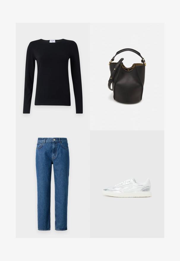 Dlhý rukáv čiernej košele vyrobenej z jemnej látky, s okrúhlym výstrihom, priamym strihom a minimálnym počtom švov pre elegantný vzhľad.; Modré denimmové džínsy so strihom s rovnými nohavicami, vybavené zapínaním na gombík, pútkami na opasok a prednými vreckami. Vyrobené z texturovanej bavlnenej tkaniny.; Biele tenisky s metalickými striebornými akcentmi, hladká textúra, okrúhly špic, plochá podrážka a tradičný šnurovací dizajn.; Čierna kožená vedro taška s textúrovaným povrchom, zlatými kovovými detailami a otvoreným vrcholom. Obsahuje krátku rukoväť a nastaviteľný ramenný popruh.