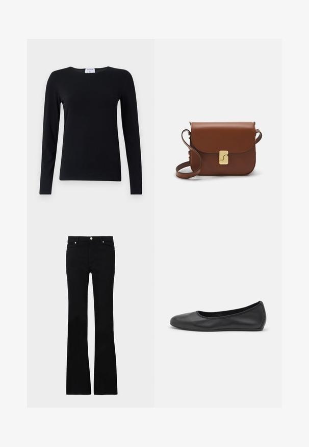 Czarna koszula z długim rękawem wykonana z miękkiego materiału, z okrągłym dekoltem, prostym krojem i minimalną ilością szwów, co zapewnia schludny wygląd.; Czarne dzwony z denimu, z dwoma przednimi kieszeniami, zapięciem na guzik i gładką fakturą. Widoczne charakterystyczne szycie na szwach.; Czarne skórzane baletki z zaokrąglonym noskiem, gładką fakturą, minimalnymi przeszyciami i elastycznym designem podeszwy.; Brązowa skórzana torebka na ramię z klapką, złotymi detalami, paskiem na ramię i gładką teksturą. Kompaktowy prostokątny kształt.