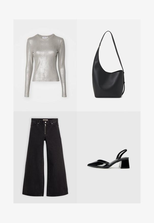 Srebrny longsleeve o dopasowanym kroju, wykonany z błyszczącego, metalicznego materiału. Posiada okrągły dekolt i przylegające rękawy.; Jeans o szerokich nogawkach w czarnym denienie z zamkiem błyskawicznym z przodu, pięcioma kieszeniami i subtelnymi detalami przeszycia. Gładka tekstura i swobodny styl.; Czarne lakierowane półbuty na obcasie z wydłużonym noskiem i geometrycznym słupkiem. Charakteryzują się eleganckim, minimalistycznym designem oraz gładką fakturą.; Czarna skórzana torba hobo o gładkiej fakturze, zaokrąglonym kształcie i pojedynczym, regulowanym pasku; posiada szerokie otwarcie na górze.