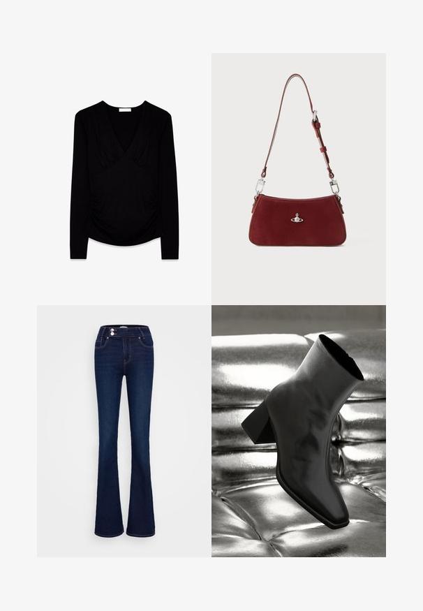 Juoda ilgarankovė palaidinė su V formos iškirpte, susiraukšlėjimo detalėmis prie krūtinės ir šonų, ir šiek tiek kreiviu hemu.; Tamsiai mėlynos plačios džinsinės kelnės su aukštu liemeniu, dviem priekinėmis kišenėmis ir dviem mygtukais. Pagamintos iš lygios tekstūros džinsinio audinio.; Juodos kulkšnies botai, pagaminti iš blizgaus medžiagos, su kvadratine padu ir siauru kulnu, prieš blizgiai sidabrinį pūsto audinio foną.; Raudona zomšinė petnešinė rankinė su linkusia forma. Pabrėžia sidabrinio atspalvio akcentas ir reguliuojama petneša su detaliu apdorojimu. Lygi tekstūra.