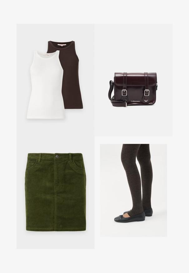 Dva rebrasta topa, jedan bijeli i jedan tamnosmeđi, s bezrukavim dizajnom i okruglim izrezima, postavljena jedan pored drugog.; Tamnozeleni kordurovni minj s ravnim krojem, sa dizajnom od pet džepova i metalnim dugmetom za zatvaranje u struku.; Crne ravne cipele s malim mašnom na vrhu prstiju, uparene s tamnosmešnim rebrovanim čarapama. Cipele imaju glatku teksturu i nizak profil.; Tamnocrvena lakirana kožna torba preko ramena pravokutnog oblika, s dva remena, srebrnim hardverom i preklopnim zatvaranjem.