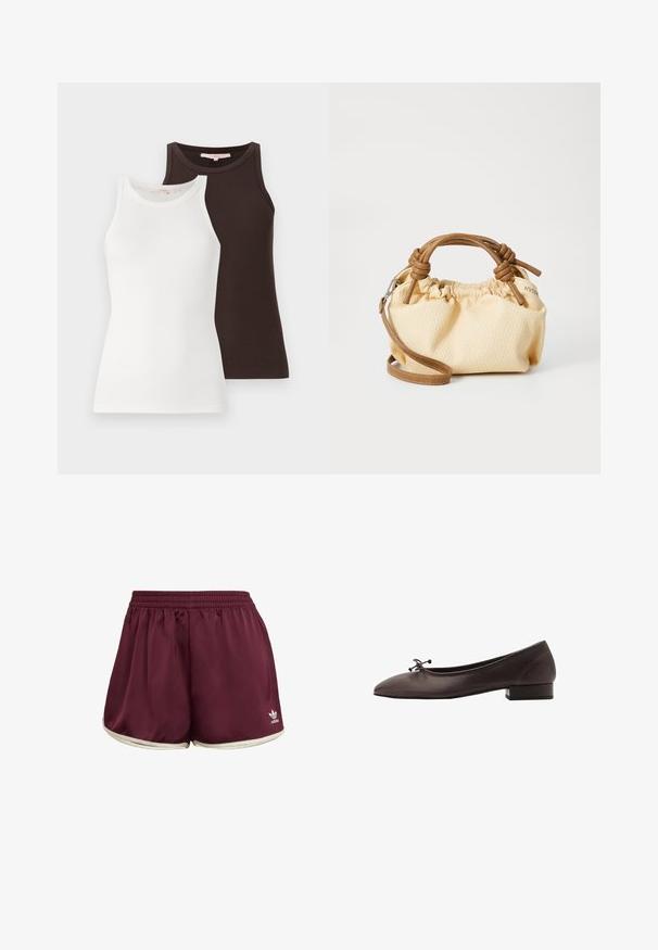 Zwei gerippte Tank-Tops, eines weiß und das andere dunkelbraun, mit ärmellosem Design und gerundetem Halsausschnitt, nebeneinander gestapelt.; adidas Originals SPRINTER - Shorts - maroon cream white; Braune Leder-Balletschuhe mit runder Spitze und kleinem Blockabsatz. Mit einer dünnen Schleife an der Vorderseite und dezenten Steppnähten.; Kleine, cremefarbene Handtasche mit braunen Ledergriffen und einem abnehmbaren Schultergurt. Gereihter Design mit sichtbaren Nähten.; Goldfarbener Ring mit einem glatten, abgerundeten Band, das fünf Sternakzente aufweist, von denen jeder mit farbigen Edelsteinen in Pink, Grün und Blau besetzt ist.