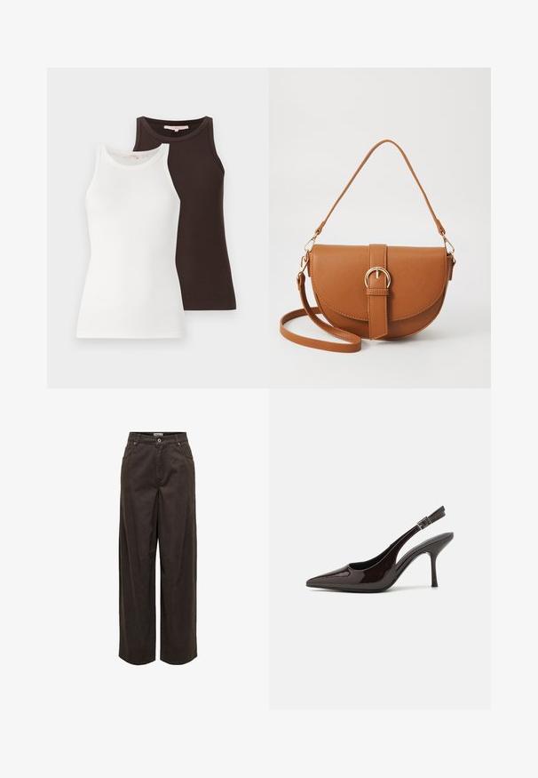 To ribbede tanktops, en hvid og en mørkebrun, med ærmeløse designs og runde halsudskæringer, stablet side om side.; Videbukser i mørkebrunt, lavet af bomuld, med en klassisk talje, lynlås foran, fem lommer og minimalistiske syninger.; Slingback højhælet sko i glat mørkebrun patenteret læder, spids tå, åbne sider og justerbar ankelrem.; Brun læder crossbody taske med en buet form, guldfarvet hardware og en spændeaccent. Har en aftagelig skulderrem.
