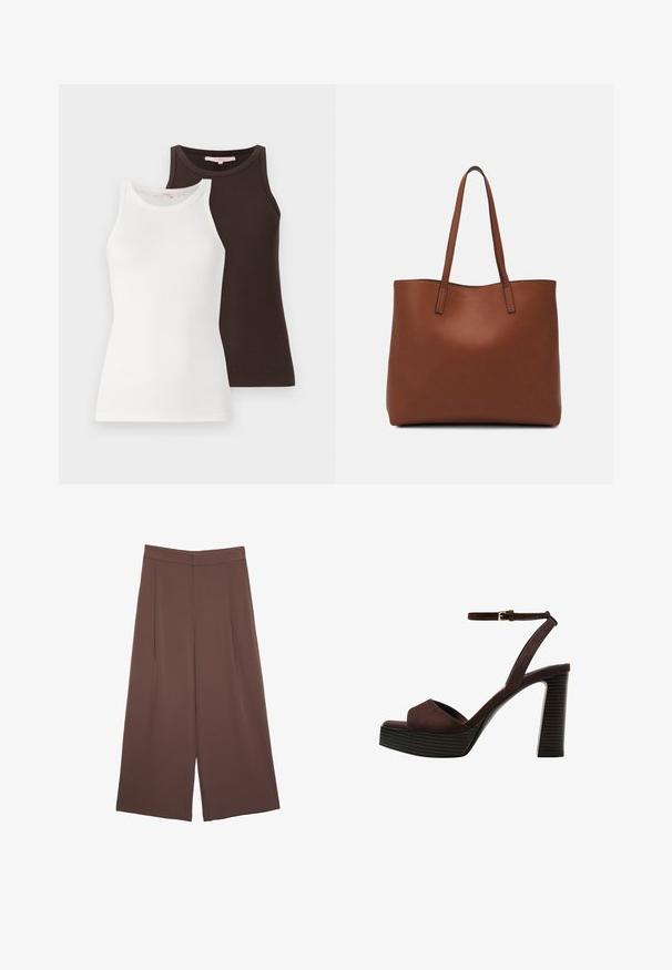 To ribbede tanktops, en hvid og en mørkebrun, med ærmeløse designs og runde halsudskæringer, stablet side om side.; Brune bredbunde bukser med en glat tekstur, der har høj talje og plisseringer foran. Stoffet er let og falder løst.; Brune ruskinds højhælede sandal med åben tå, justerbar ankelrem og en stribet plade sål.; Brun læder tote taske med en glat overflade, åben topdesign og to skulderremme. Har minimal syning og ingen synlig hardware.
