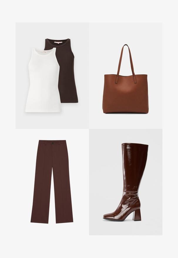 Zwei gerippte Tank-Tops, eines weiß und das andere dunkelbraun, mit ärmellosem Design und gerundetem Halsausschnitt, nebeneinander gestapelt.; Weite Hose aus einem hochwertigen braunen Stoff. Mit einem Knopfverschluss, zwei frontalen Taschen, glatter Textur und klaren Linien.; Knöchelhohe braune Lacklederstiefel mit quadratischer Spitze, glänzender Oberfläche und stabilen Blockabsätzen. Nahtloses Design ohne sichtbare Beschläge.; Braune Leder-Tote mit glatter Textur, offenem Oberteil und zwei Schulterriemen. Verfügt über minimale Nähte und keine sichtbaren Beschläge.