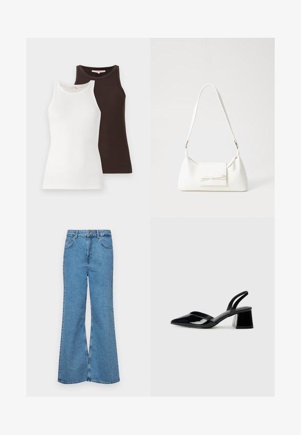 Two ribbed tank tops, one white and one dark brown, featuring sleeveless designs and rounded necklines, stacked side by side.; Light blue flared jeans made of denim, featuring a high waist, five pockets, and a single button closure. Soft texture with faded finish.; Black patent leather slingback heels with a pointed toe and a geometric block heel. Features a sleek, minimal design and smooth texture.; White synthetic handbag with a triangular shape, flat front flap and bow detail, adjustable strap, smooth texture, and minimalistic design.