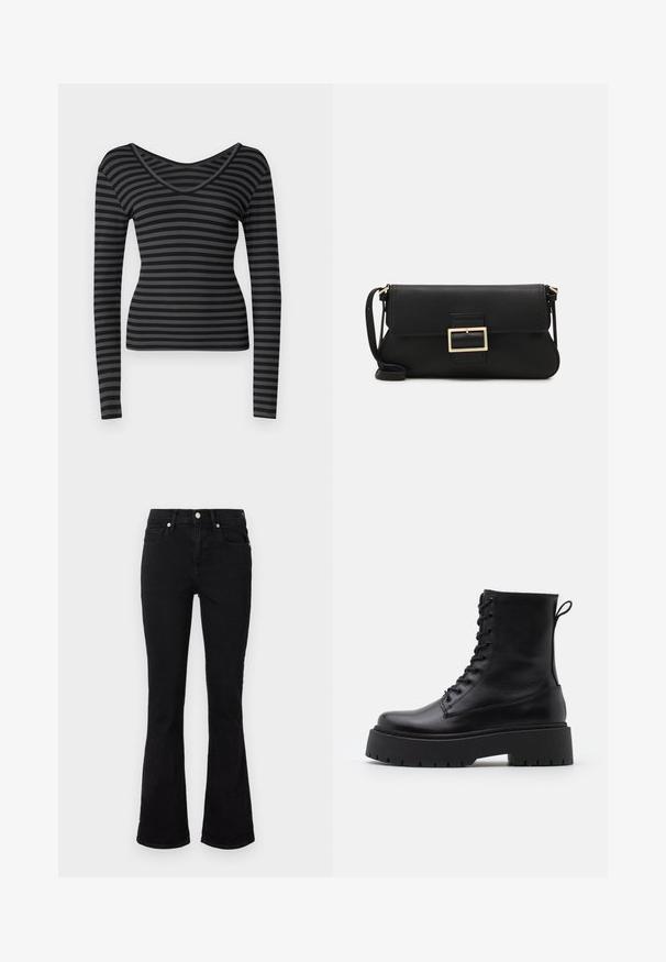 ONLY ONLTRISTA V NECK BOX - Long sleeved top - black/magnet; Black flared jeans made of denim, featuring a mid-rise waist, front pockets, and button closure. Smooth texture with minimal stitching details.; Black leather ankle boots with a round toe, lace-up front, and a thick rubber sole featuring a textured tread. Pull tab at the back.; Black leather clutch bag with a flap and a gold metal buckle detail. Includes a black strap and a sleek, minimalist design.