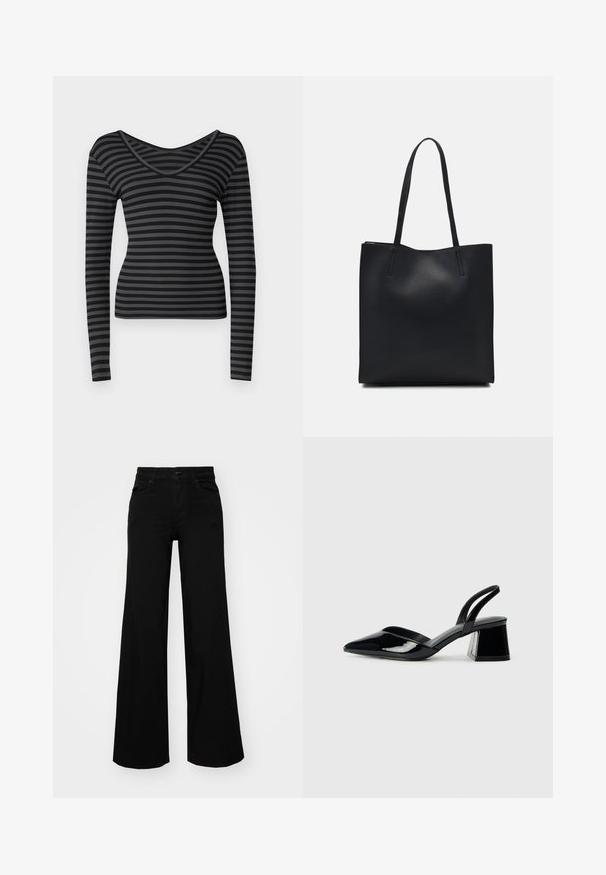 ONLY ONLTRISTA V NECK BOX - Camisola de manga comprida - black/magnet; Calças largas pretas em denim, com uma cintura estruturada, passantes para cinto e bolsos frontais. Textura suave com um design clássico.; Sandy em verniz preto com salto slingback, ponta afilada e salto geométrico. Apresenta um design elegante e minimalista com textura suave.; Bolsa tote preta em couro com textura lisa, forma retangular e duas alças longas. Sem hardware ou enfeites visíveis.