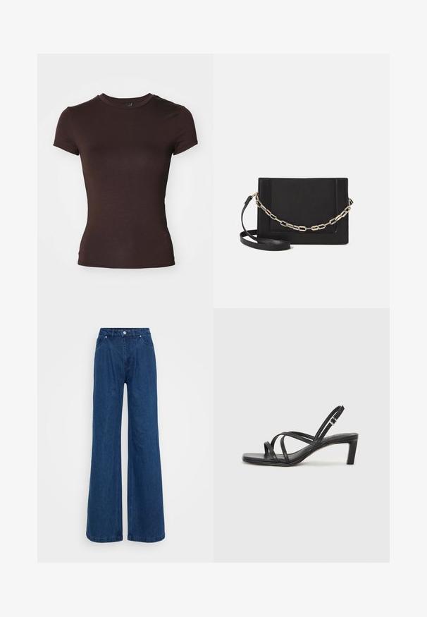 Bruine t-shirt met korte mouwen en een ronde hals, gemaakt van een gladde, lichte stof, met een aansluitende pasvorm en zonder zichtbare patronen.; Blauwe denim jeans met wijde pijpen en een hoge taille, voorzien van een knoop- en ritssluiting aan de voorkant, en voor- en achterzakken op een effen achtergrond.; Zwarte sandaal met bandjes, vierkante teen en een lage blokhak. Voorzien van meerdere dunne bandjes en een verstelbare enkelband. Gemaakt van zacht leer.; Zwarte leren schoudertas met een gladde textuur, rechthoekige vorm en een metallic kettingdetail aan de voorkant. Verstelbare schouderband inbegrepen.