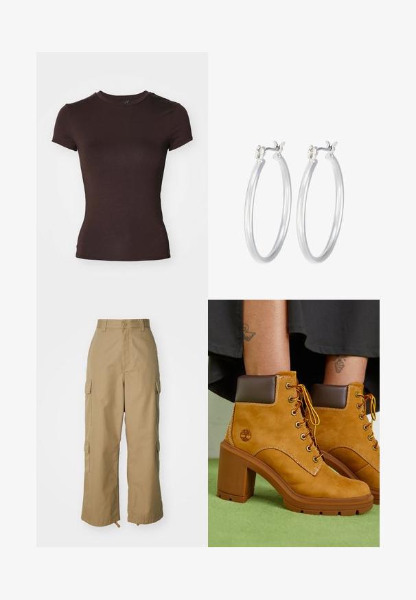 Braunes T-Shirt mit kurzen Ärmeln und rundem Halsausschnitt, aus einem glatten, leichten Stoff gefertigt, mit figurbetonter Form und ohne sichtbare Muster.; Beige Cargo-Hosen mit hoher Taille, weitem Bein und vier großen Seitentaschen. Aus strapazierfähigem Stoff mit glatter Textur und minimalen Details.; Hellbeige Wildleder-Stiefeletten mit braunem Kragen, goldenen Ösen und gelben Schnürsenkeln. Robuster brauner Absatz und Logodetail an der Seite.; Silberne Creolen mit einer glatten, polierten Oberfläche. Runder Form und sicherem Klickverschluss. Leichtes Design, geeignet für den täglichen Gebrauch.