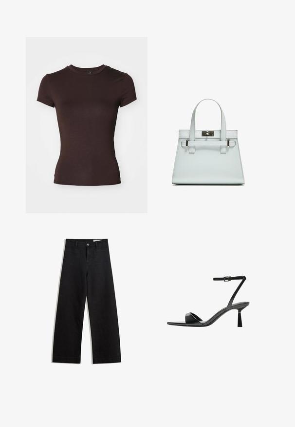 Tricou scurt cu mânecă, de culoare maro, cu guler rotund, realizat dintr-un material ușor și fin, cu o formă ajustată și fără modele vizibile.; Pantaloni din denim negri cu picioare largi, cu talie înaltă, având buzunare frontale și posterioare, cusături dublate și închidere cu nasture. Textură netedă.; Bershka Sandale cu toc - black; Geantă de mână de culoare albastru deschis, cu un design structurat, două mânere și o clapetă din metal cu ton argintiu. Material texturat și colțuri ascuțite.