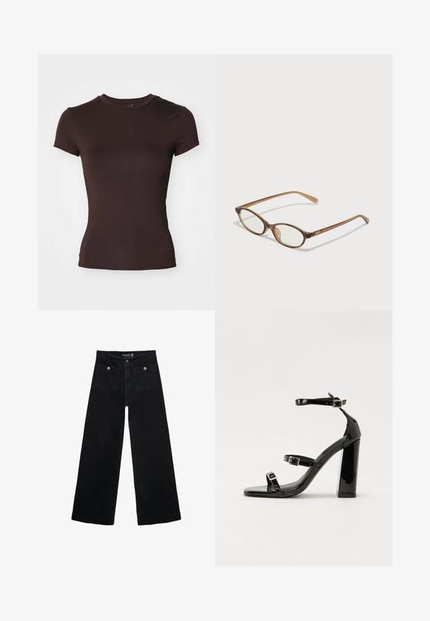 Hnědé tričko s krátkým rukávem a kulatým výstřihem, vyrobené z hladké, lehké tkaniny, s obepnutým střihem a bez viditelných vzorů.; Černé široké džíny s vysokým pasem, obsahující dvě přední kapsy a kovové knoflíkové detaily. Látka má hladkou texturu.; Černé lakované sandály na podpatku se čtveratou špičkou, lýtkovými pásky a stříbrnými přezkami. Disponují masivním blokovým podpatkem pro stabilitu.; Hnědé želvovinové brýle s oválnými skly, tenkými bočními nohami a průhlednými akcenty. Obsahují decentní logo na stranu. Elegantní, lehký design.