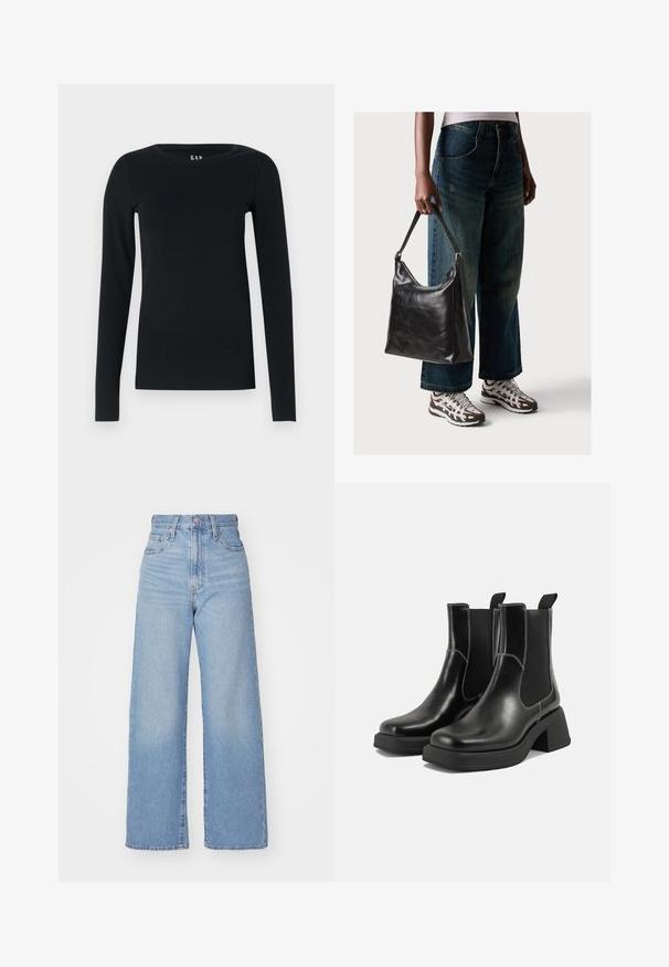 Musta pitkähihainen paita, joka on valmistettu pehmeästä kankaasta, jossa on pyöreä pääntie ja istuva malli ilman näkyviä kuvioita tai varusteita.; Vaalean siniset korkeavyötäröiset löysät farkut, joissa on etuvetoketju ja nappikiinnitys, sekä edessä että takana taskut, valkoista taustaa vasten.; Mustat nahkaiset Chelsea-kengät paksulla korolla, joustavilla sivupaneeleilla ja kontrastilla valkoisella ompelulla. Teksturoitu pinta.; Musta nahkainen olkalaukku, jossa on sileä pinta ja säädettävä hihna, yhdistettynä haalistuneisiin leveälahkeisiin farkkuihin ja urheilukenkien kanssa.