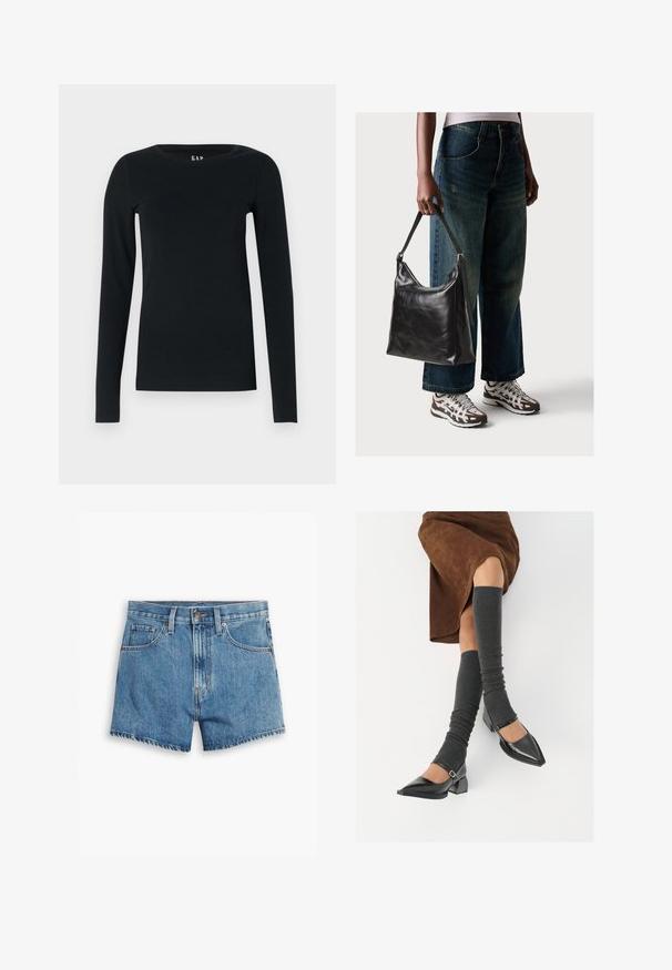 Black long-sleeve top made of soft fabric, featuring a round neckline and fitted design, with no visible patterns or hardware details.; Denim shorts in light blue, featuring five pockets, a zip fly, and a button closure. The hem is frayed with a relaxed fit design.; Black patent leather pointed-toe shoes with a block heel and ankle strap, paired with gray ribbed leg warmers and a brown suede skirt.; Black leather shoulder bag with a smooth texture and adjustable strap, paired with faded wide-leg jeans and athletic sneakers.
