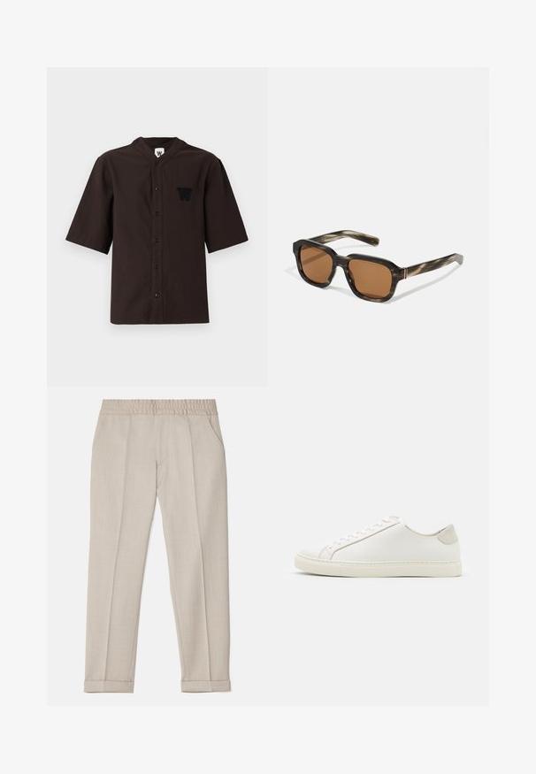 Camicetta corta marrone scuro con colletto alla cinese, chiusura a bottoni e logo ricamato sulla tasca sinistra del petto. Materiale in cotone, testurizzato.; Filippa K TERRY CROPPED TROUSERS - Pantaloni - sage melange; Sneaker bianca in pelle con superficie liscia, punta rotonda e design minimalista. Presenta dettagli beige sul tallone e una suola in gomma.; Occhiali da sole in plastica con motivo tartaruga, lenti marroni ottagonali e sottili dettagli in metallo dorato sulla montatura.