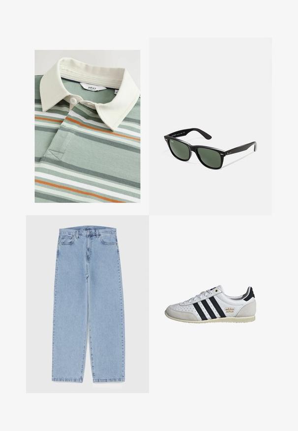 Polo a righe verdi e bianche con colletto avorio e tre bottoni, realizzato in tessuto testurizzato, con sottili accenti arancioni.; Jeans in denim azzurro chiaro con design a gamba dritta, caratterizzati da una vita media, cinque tasche e chiusura con bottone e zip.; Sneaker bianco con strisce nere e brandizzazione dorata. Presenta materiali in suede e pelle, una tomaia perforata e una suola in gomma testurizzata.; Occhiali da sole in plastica nera con lenti verdi, montatura quadrata, dettaglio argento sulla parte superiore e steli con texture. Marchio indicato sulla parte interna dello stelo.