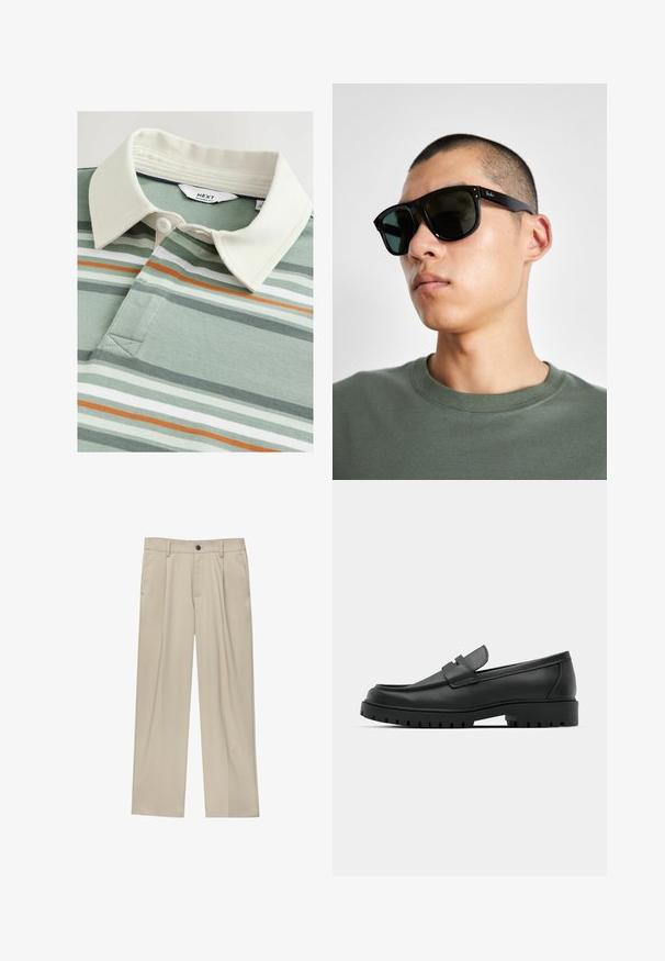 Zelené a bílé pruhované polo tričko s krémovým límcem a třemi knoflíky, vyrobené z texturované látky, se jemnými oranžovými akcenty.; Béžové kalhoty klasického střihu, se jedním černým knoflíkem, poutky na opasek a bočními kapsami. Hladká textilie a minimalistický design.; Černé kožené mokasíny s kulatou špičkou, zdobené prošitím, s nízkou platformou a texturovanou gumovou podrážkou s drážkováním.; Černé obdélníkové sluneční brýle s tmavými skly, které mají charakteristický tvar a logo na straně. Nosí je osoba v zelené košili.