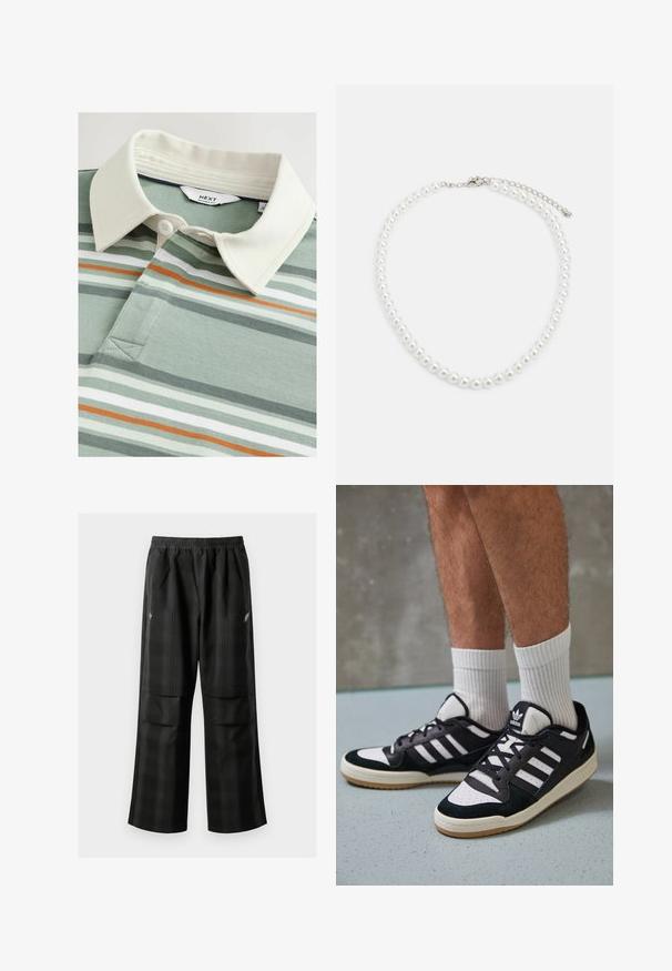 Roheline ja valge triibuline polo särk, millel on peaaegu valge krae ja kolm nuppu, valmistatud tekstuuriga kangast, sisaldades diskreetselt oranže aktsente.; Mustas ruudulised püksid, millel on elastne vöökoht, kaks esimest taskut ja laiem lõige sirge jala disainiga. Valmistatud kergest materjalist.; Mustvalged ja valged spordijalatsid, mille pealmine osa on valmistatud suede'ist ja nahast. Kingadel on kolm valget riba, auguline varvas ja kummist tald.; Valge pärlkaelakee, millel on ühtlane ümar kuju, sile pind ja metallist kinnitusbüts koos pikendusahelaga reguleeritava pikkuse jaoks.