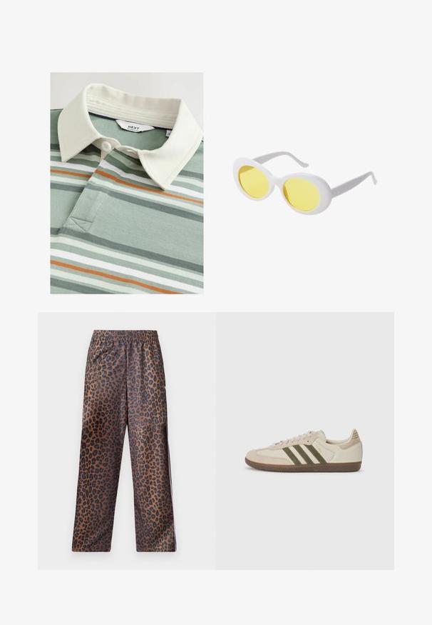 Polo a righe verdi e bianche con colletto avorio e tre bottoni, realizzato in tessuto testurizzato, con sottili accenti arancioni.; Pantaloni in stampa leopardo con vita elasticizzata. Realizzati in un tessuto lucido, presentano una base marrone con macchie nere e una vestibilità ampia.; adidas Originals SAMBA OG UNISEX - Sneakers basse - alumina/medium dark khaki/gum; Occhiali da sole ovali bianchi con lenti gialle e montatura sottile. Presentano una struttura in plastica liscia e un design con grandi lenti circolari.