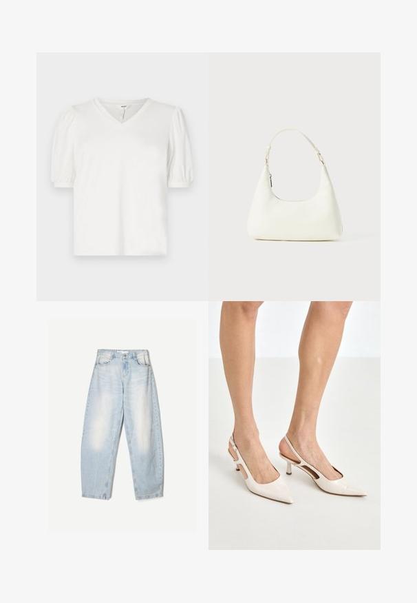 Fehér V-nyakú póló sima anyagból, puffos ujjakkal és enyhén laza szabással. Egyszerű, minta és dísz nélkül.; Fehér, klasszikus galléros, gombos ing, hosszú ujjaival és laza szabással. Könnyű anyagból készült, sima textúrával.; Világoskék farmernadrág, laza szabással, elhasználódott hatással, két elülső zsebbel és gombos zárással a derékrészen.; Beige patent bőr slingback magassarkúk hegyes orral és 5 cm-es sarokkal, kivágott oldalakkal és vékony bokapánttal.; Kicsi fehér válltáska egyetlen állítható pánttal és cipzárral, egy sima fehér háttér előtt.
