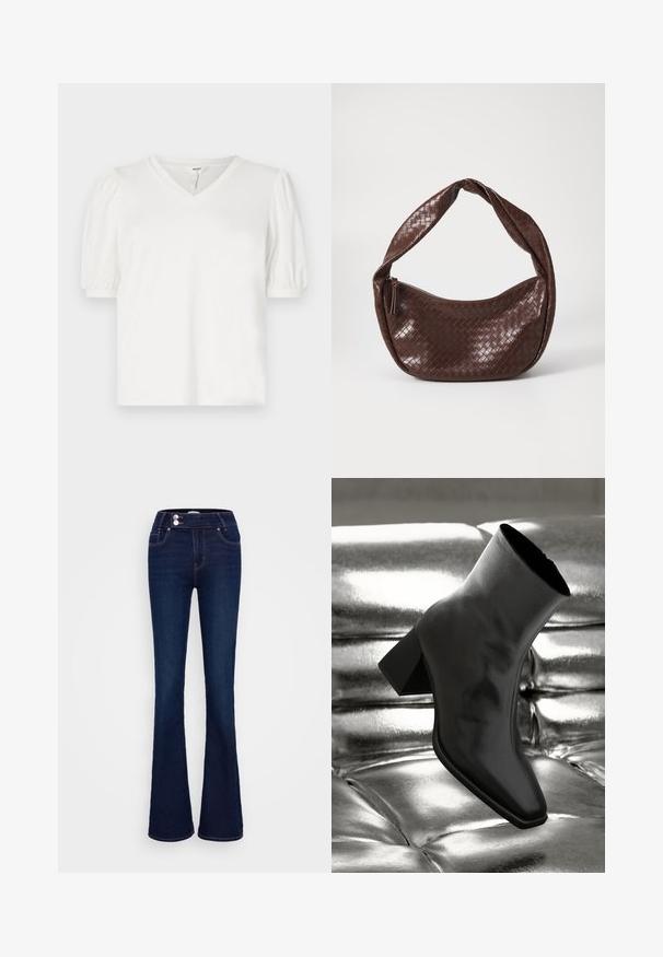 Tricou alb cu decolteu în V, fabricat dintr-un material neted, având mâneci bufante și o croială ușor lejeră. Design simplu, fără imprimeuri sau accente.; Jeanși evazați de culoare albastru închis, cu talie înaltă, două buzunare frontale și două închideri cu nasturi. Fabricati din denim cu o textura netedă.; Cizme negre până la gleznă, realizate dintr-un material lucios, cu vârf pătrat și toc conic, plasate pe un fundal strălucitor de argint, cu un model tuftat.; Geantă din piele împletită, de culoare maronie, cu un mâner curbat, noduros și închidere cu fermoar. Textură netedă și formă rotundă.