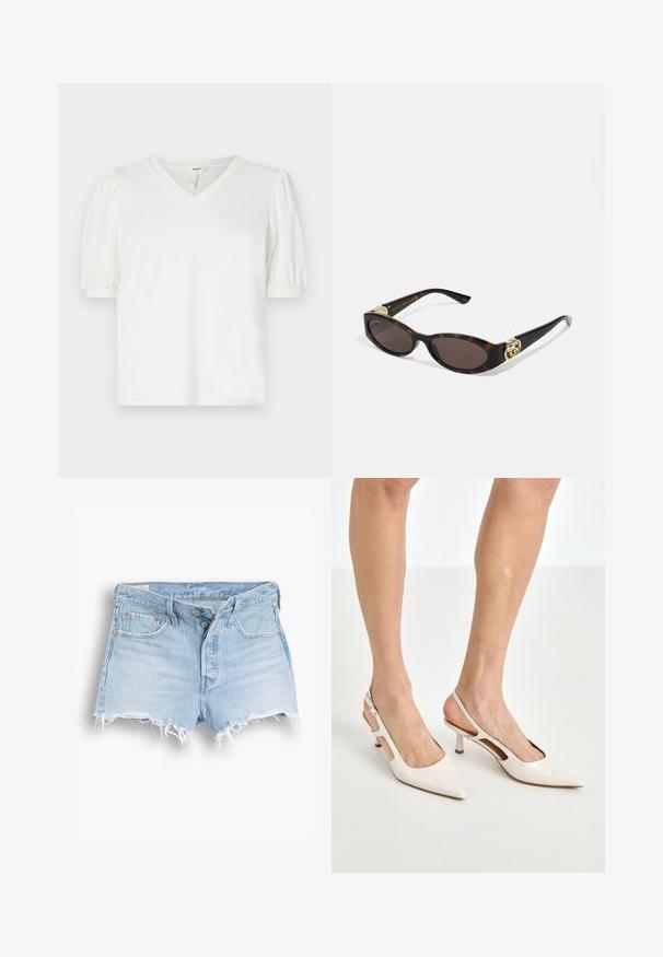 Weißes V-Ausschnitt-T-Shirt aus glattem Stoff, mit Puffärmeln und einer leicht lockeren Passform. Einfaches Design ohne Muster oder Akzente.; Hellblaue Jeansshorts mit hoher Taille, ausgefranstem Saum, Fünf-Taschen-Design und kontrastierender Naht. Zwei Knöpfe am vorderen Verschluss.; Beige Lackleder Slingback-Absätze mit spitzem Fuß und 5 cm Absatz, mit ausgeschnittenen Seiten und einem schmalen Knöchelriemen.; Schildpatt-Sonnenbrille mit länglich-ovalen Gläsern, braunem Farbton, goldenen Logo-Akzenten an den Bügeln und schlanken schwarzen Bügeln.; Beige gemusterte Handtasche mit geschwungener Form, Lederakzenten und einem goldfarbenen Logo auf der Vorderseite. Verfügt über einen kurzen Griff für einfaches Tragen.