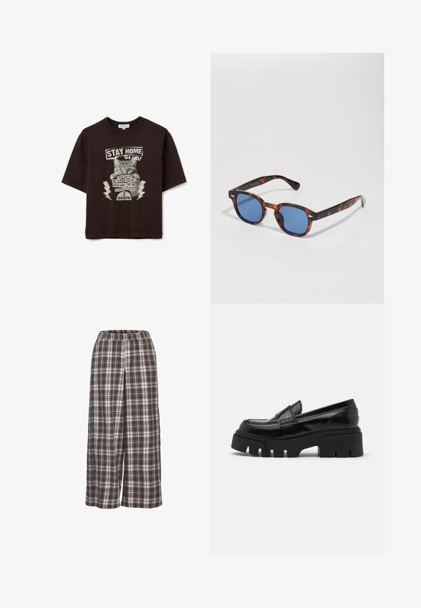 Camiseta de algodón marrón con una impresión gráfica de un gato, acompañado de texto y acentos de rayos. Diseño de manga corta y corte relajado.; Pantalones de cuadros de pierna ancha en marrón, blanco y gris; cinturilla elástica; tejido suave; presenta un patrón de cuadros clásico.; Mocasines de cuero negro con una suela de plataforma gruesa y texturizada, y una correa decorativa en la parte superior. Acabado liso y brillante.; Gafas de sol de carey con lentes azules, que presentan un marco redondeado y brazos delgados, destacando una textura suave y detalles de diseño sutiles.; Bolso de cuero marrón oscuro con dos asas superiores, acentos en hardware dorado, un detalle de cierre frontal y texturas cosidas en los laterales.