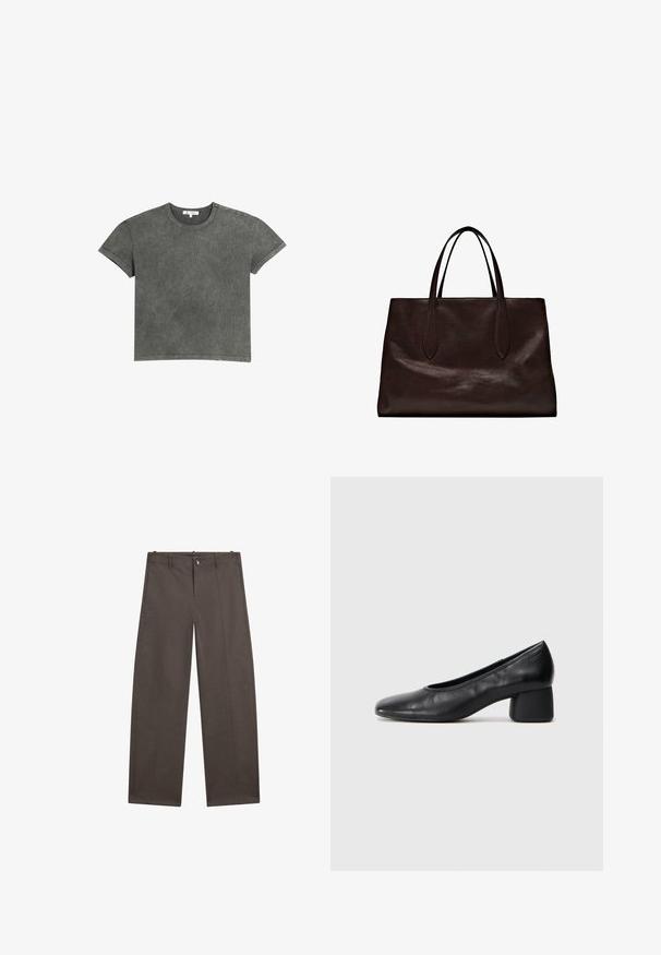 Donkergrijze t-shirt in een ontspannen pasvorm, met korte mouwen, een ronde halslijn en subtiele textuur, met een schone zoom en stikdetails.; Brede broek in donkerbruin stof. Heeft een knoopsluiting, twee voorzakken en een soepele textuur met nette naden.; Zwarte leren pump met een ronde neus en een middenblokhak. Glad textuur met minimale details, voorzien van een subtiele elastische opening.; Massimo Dutti Handtas - brown