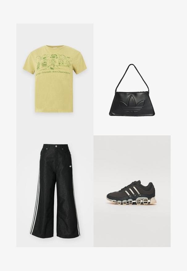 T-shirt giallo con personaggi Peanuts verdi in piedi e Snoopy sdraiato, con la scritta "Tutti i miei amici sono dei personaggi!"; Pantaloni in denim neri a gamba larga con tre strisce bianche su ciascun lato e un piccolo logo bianco. Presentano tasche frontali e chiusura con bottone.; Scarpa da ginnastica nera con tomaia testurizzata, tre strisce argentate e una suola ammortizzata distintiva con più sezioni integrate.; Borsa a tracolla in pelle nera con forma trapezoidale, caratterizzata da un design del logo Adidas in rilievo e una sottile tracolla. Chiusura a zip sulla parte superiore.