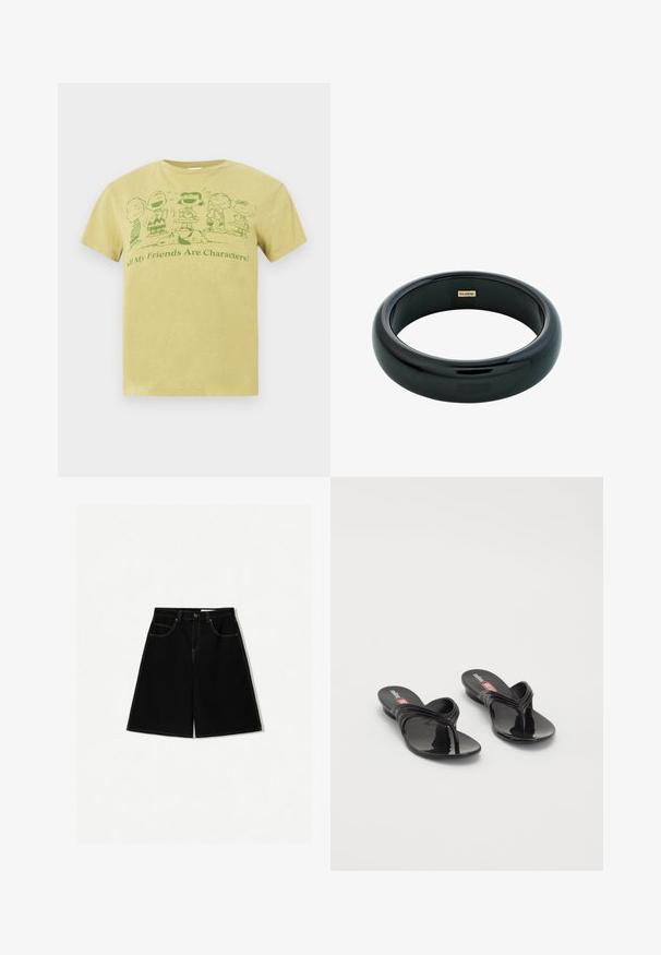 Geel T-shirt met groene Peanuts-personages die staan, en Snoopy die liggen, met de tekst "Al mijn vrienden zijn personages!"; Zwarte denim shorts met een losse pasvorm, uitgerust met vijf zakken, gele stikselaccenten en een midi-heup ontwerp.; Melissa MELISSA QUANTUM THONG X DIESEL - Teensandalen - black; Zwarte hars bangle armband met een gladde, glanzende oppervlakte en ronde randen. Bevat een klein goudkleurig "Pilgrim" logo aan de binnenzijde.