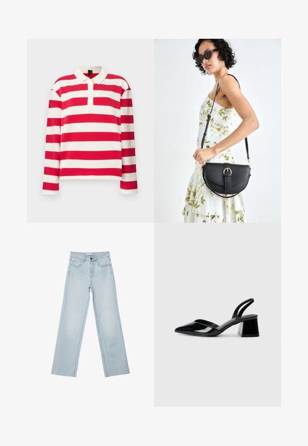 Långärmad polo med röda och vita horisontella ränder, med krage och halvknäppning, tillverkad av en mjuk bomullsmix.; Ljust blå vida jeans i denim. Har fem fickor, knappgylf och blekta detaljer. Klassisk rak passform med en lös passform.; Svarta lackläder slingback klackar med spetsig tå och geometrisk klack. Har en elegant, minimalistisk design och slät yta.; Svart läderhandväska med en böjd form, avtagbar rem och guldiga detaljer. Väskan har ett lock med en spänndetalj.