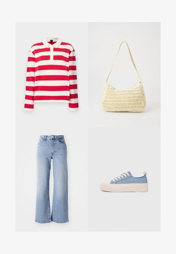 Ilgstoša piedurkne polo krekls, kas dekorēts ar sarkaniem un baltiem horizontāliem svītrām, aprīkots ar apkakli un pussprādzēm, izgatavots no mīkstas kokvilnas maisījuma.; Gai zilganzs augsta jostas platajām biksēm ar priekšējām un aizmugurējām kabatām, pogu aizdari un nelielu izbalējumu gurnos un apakšmalās.; Gaiši zili kanvas sneakeri ar krēmkrāsas gumijas pirksta aizsargu un ārējo zoli, aprīkoti ar baltām šņorēm un cilpu uz papēža.; Austa krēmkrāsas pleca soma ar viegli izliekta formu un garu, pinumu siksnu. Tam ir teksturēta virsma un sānu rāvējslēdzējs.