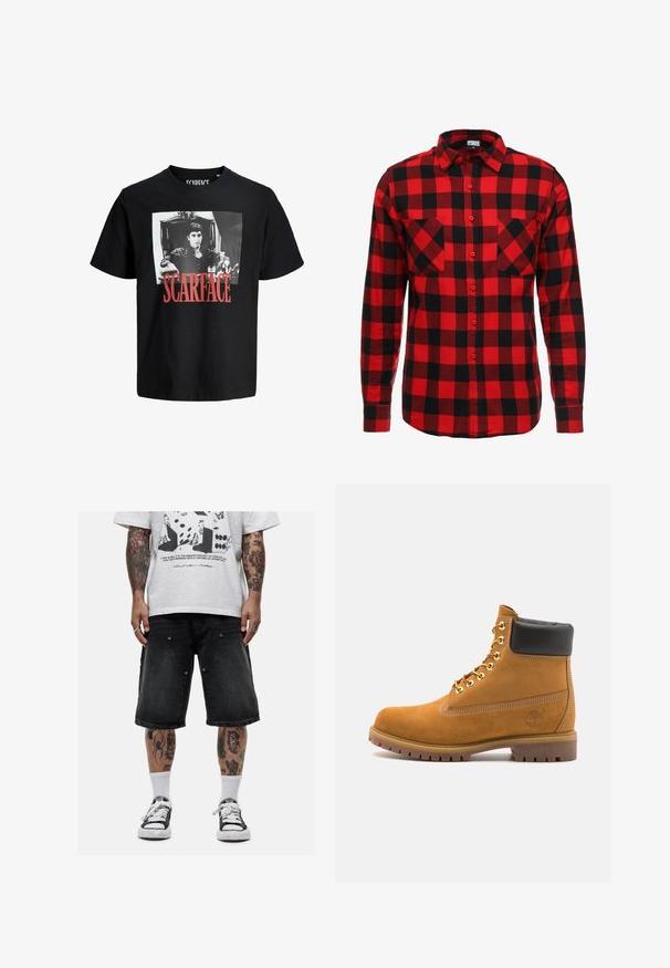 Czarny bawełniany t-shirt z wyraźną białą grafiką przedstawiającą mężczyznę w krześle. Pod obrazem znajduje się napis "SCARFACE" wydrukowany dużymi czerwonymi literami.; Czerwona i czarna koszula flanelowa w kratę z zapięciem na guziki, długimi rękawami i dwiema kieszeniami na piersi. Teksturowana tkanina z wzorem w kratę.; Good For Nothing - Szorty jeansowe; Beżowe zamszowe botki sięgające kostki z czarną wyściełaną krawędzią, złotymi oczkami, białymi detalami szycia oraz wytrzymałą gumową podeszwą z wyraźnym bieżnikiem.