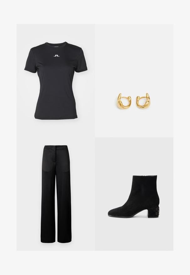 Melnā īsā piedurkņu sporta T-kreklā ir gluda auduma konstrukcija, un uz krūšu ir neliels balts logotips. Vienkāršs, pieguļošs dizains ar apaļu izgriezumu.; Platas kājas melnas bikses ar teksturētu virsmu, ar plakanu jostu un divām sānu kabatām. Audums izskatās viegls un plūstošs.; Casadei MUNY - Puszābaki - black; Zelta auskari ar gludu, noapaļotu dizainu un spīdīgu apdari. Auskariem ir kompakta, masīva forma un bezšuvju sprādze.