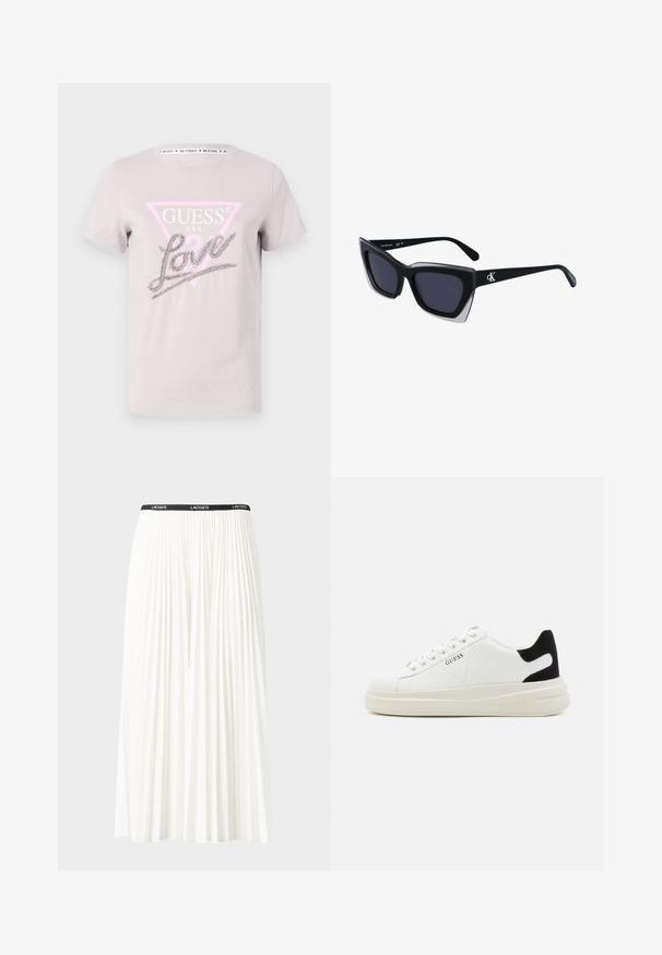 T-shirt de algodão rosa claro com um design de logotipo triangular, texto "GUESS U.S.A." e um adornamento em strass com a palavra "amor". Gola redonda.; Saia plissada branca com uma cintura elástica preta que apresenta o logótipo "LACOSTE". Design de comprimento médio com textura suave.; Sapatilhas brancas de couro com uma sola branca espessa, detalhe em camurça preta no calcanhar e logótipo em relevo na lateral. Design com atacadores e seis ilhós.; Óculos de sol oversized pretos com forma geométrica, apresentando lentes escuras e um detalhe cinza em contraste na armação. Logotipo na haste.