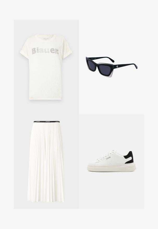 Balts īsām piedurknēm T-krekls, izgatavots no mīksta auduma, ar punktētā 'Blauer' logo uz krūtīm. Ritentiņveida piedurknes rada brīvu piegriezumu.; Gari plānas baltas svārku ar melnu elastīgu jostu, uz kuras redzams "LACOSTE" logo. Vidēja garuma dizains ar mīkstu tekstūru.; Baltas ādas sporta apavi ar biezu balto zoli, melna zamša uzpura un izspiestais logotips sānos. Šņorējuma dizains ar sešiem acu caurumiem.; Melni pārmēru saulesbrilles ar ģeometrisku formu, kas aprīkotas ar tumšiem stikliem un kontrastējošu pelēku akcentu uz rāmja. Logo uz kājas.