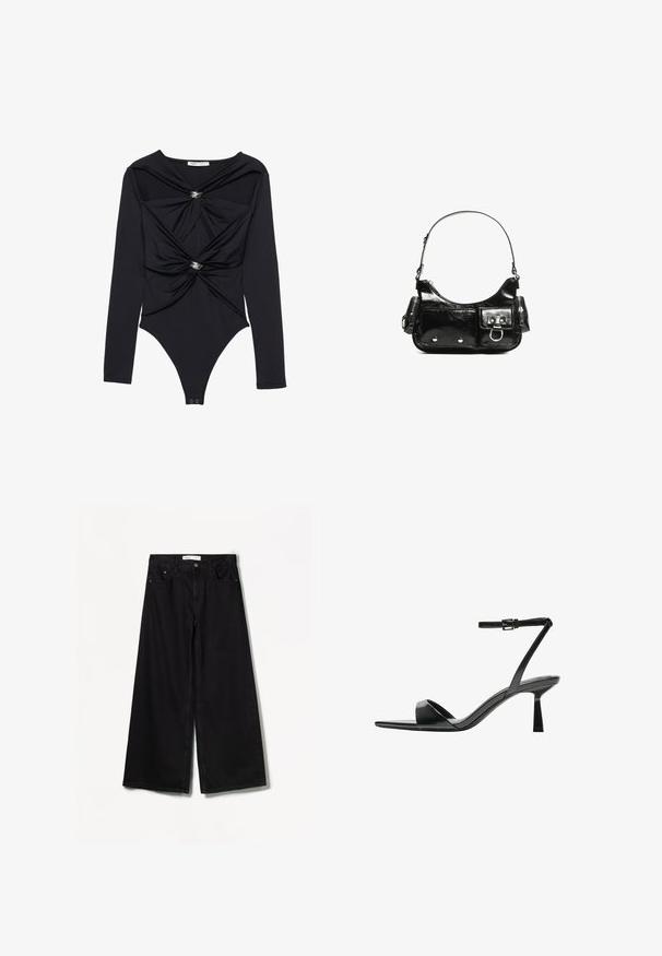 Zwarte bodysuit met lange mouwen en twee gedraaide stofaccenten die worden vastgehouden door zilveren ovale ringen, voorzien van een drukknoopsluiting aan de onderkant.; Bershka WIDE-LEG - Wide leg - black; Bershka Sandalen met hoge hak - black; Zwarte laarzen in lakleer met een gebogen vorm, één schouderband, voorvakken en accenten in zilverkleurig metaal.