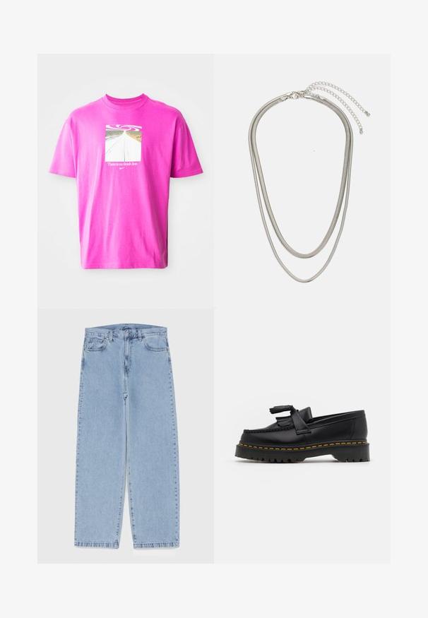 Rozā kokvilnas T-kreklā ir kvadrātveida grafika ar šauru ceļu un uzrakstu "Nav finiša līnijas" zem spirāles dizaina. Īsās piedurknes.; Gai zila džinsu bikses ar taisnu kāju dizainu, kas piedāvā vidēju vidukļa augstumu, piecas kabatas un pogas un rāvējslēdzēja aizdari.; Melnas ādas mokasīni ar pērlītēm uzsvaru, ar masīvu melnu zoli un dzeltenu šuvumu gar malu. Ar teksturētu apdari.; Trīslīmeņu sudraba metāla kaklarota ar gludām, elastīgām ķēdēm, kas spīd, droši piestiprināta ar omā uzgali un regulējamu ķēdi.
